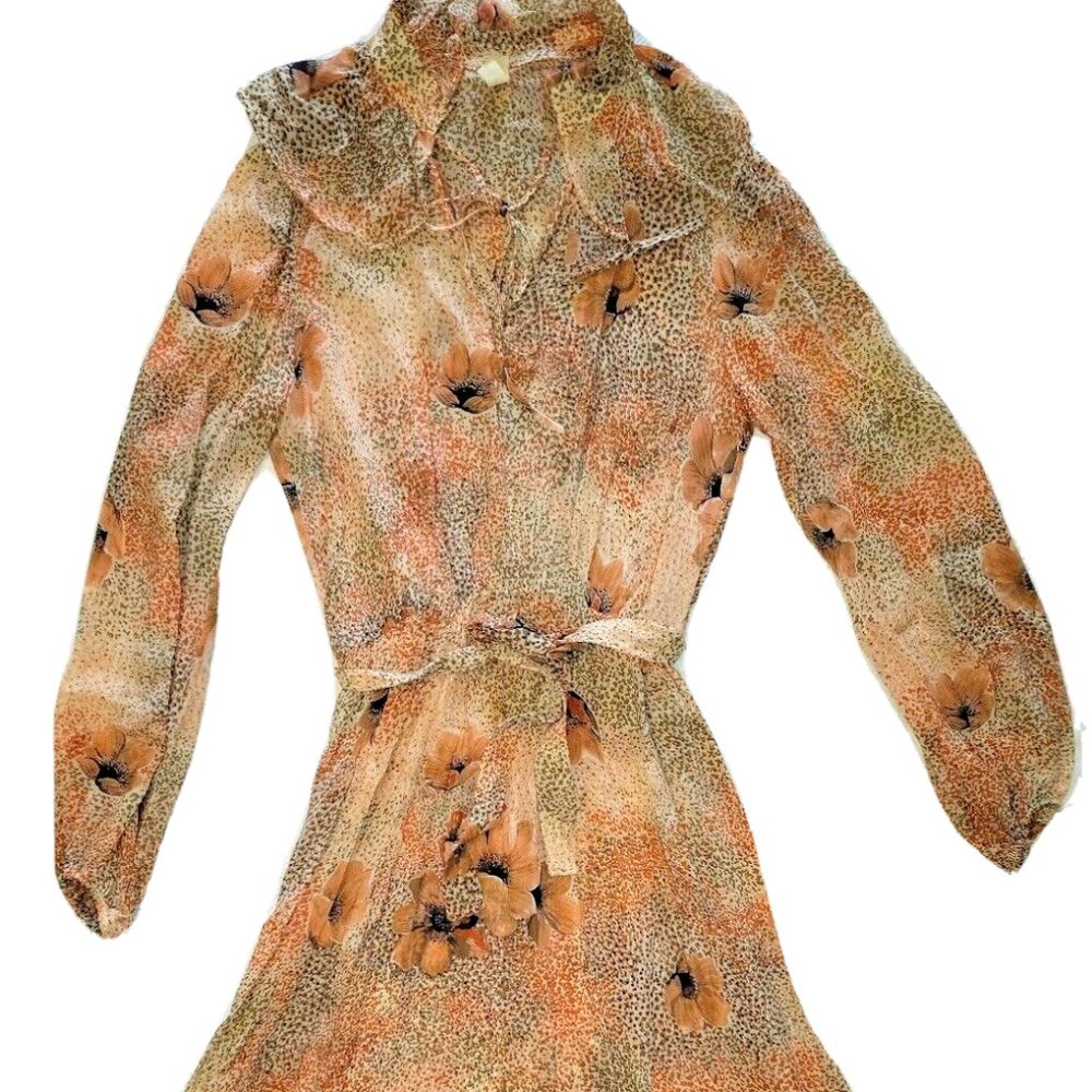 Vintage 1970s Saks 5th Avenue Orange Chiffon Floral Tie Waist Dress Size 11/12